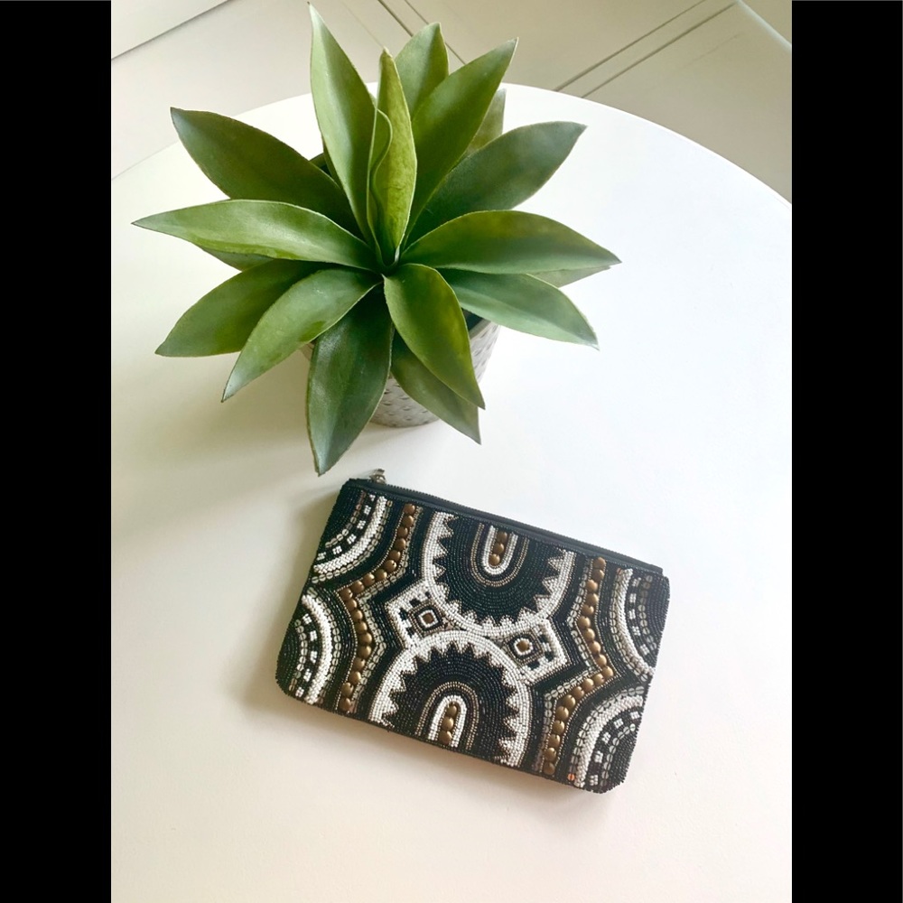 Beaded & Leather Zipper Clutch
